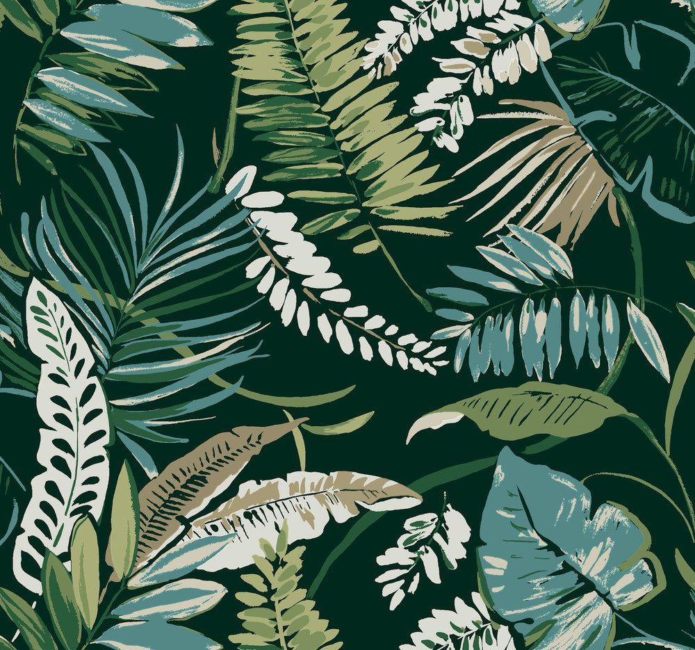 Tropical Toss Dark Green Wallpaper by York Wallcoverings Tropics Resource Library Covers about 60.8 square feet 27-in by 27-ft long roll Prepasted 25.25 - Fabric Carolina -