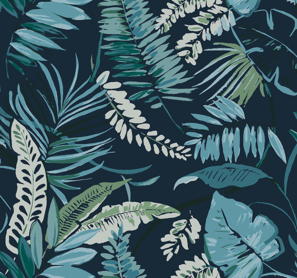 Tropical Toss Navy Wallpaper by Inspired by Color Blues II Covers about 60.8 square feet 27-in by 27-ft long roll Prepasted 25.25 - Fabric Carolina -