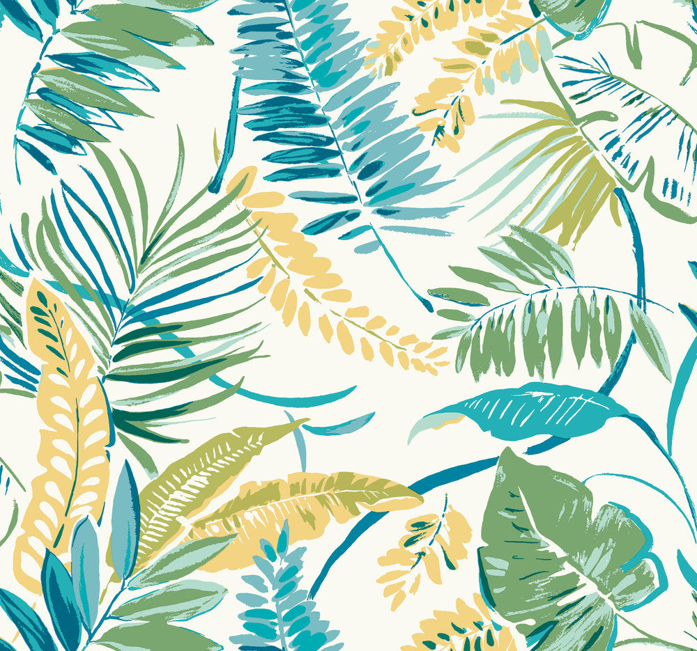 Tropical Toss Aqua & Yellow Wallpaper by York Wallcoverings Tropics Resource Library Covers about 60.8 square feet 27-in by 27-ft long roll Prepasted 25.25 - Fabric Carolina -
