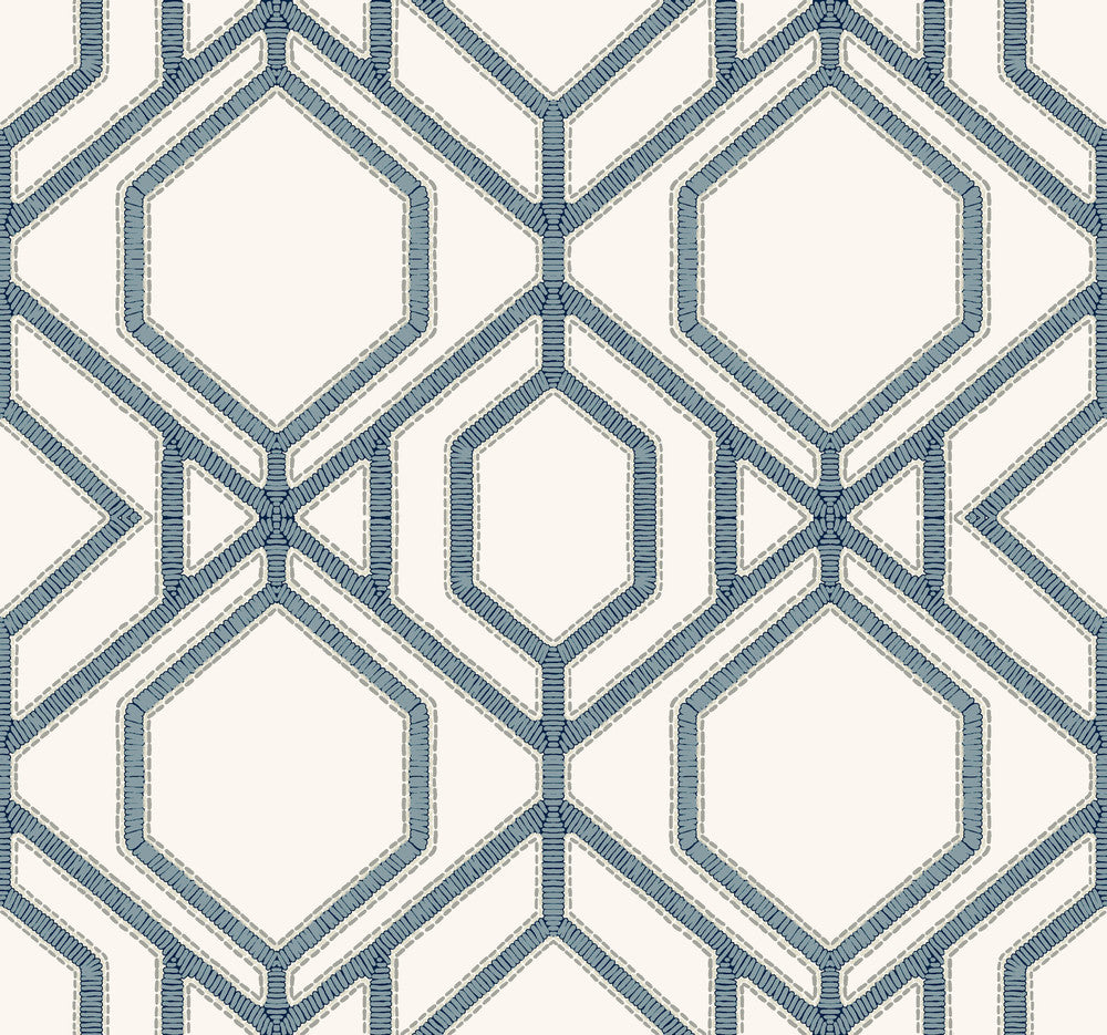 Sawgrass Trellis White & Blue Wallpaper by York Wallcoverings Tropics Resource Library Covers about 60.8 square feet 27-in by 27-ft long roll Prepasted 25.25 - Fabric Carolina -