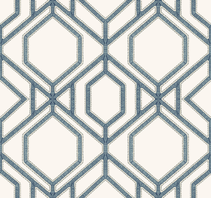 Sawgrass Trellis White & Blue Wallpaper by York Wallcoverings Tropics Resource Library Covers about 60.8 square feet 27-in by 27-ft long roll Prepasted 25.25 - Fabric Carolina -