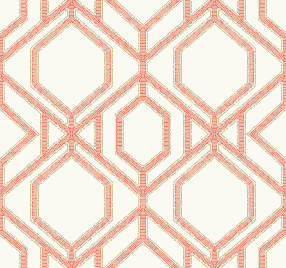 Sawgrass Trellis Coral Wallpaper by York Wallcoverings Tropics Resource Library Covers about 60.8 square feet 27-in by 27-ft long roll Prepasted 25.25 - Fabric Carolina -