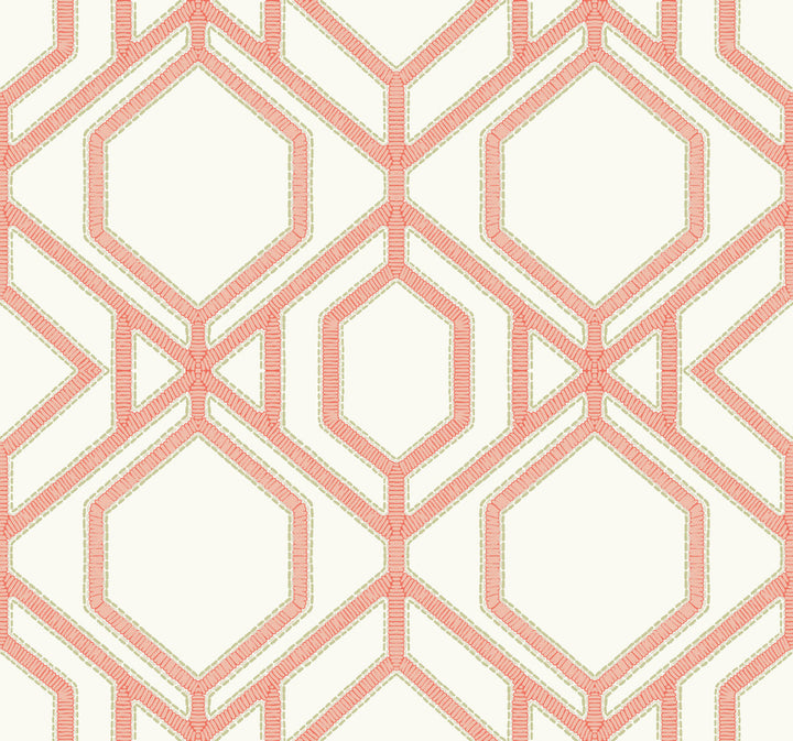 Sawgrass Trellis Coral Wallpaper by York Wallcoverings Tropics Resource Library Covers about 60.8 square feet 27-in by 27-ft long roll Prepasted 25.25 - Fabric Carolina -