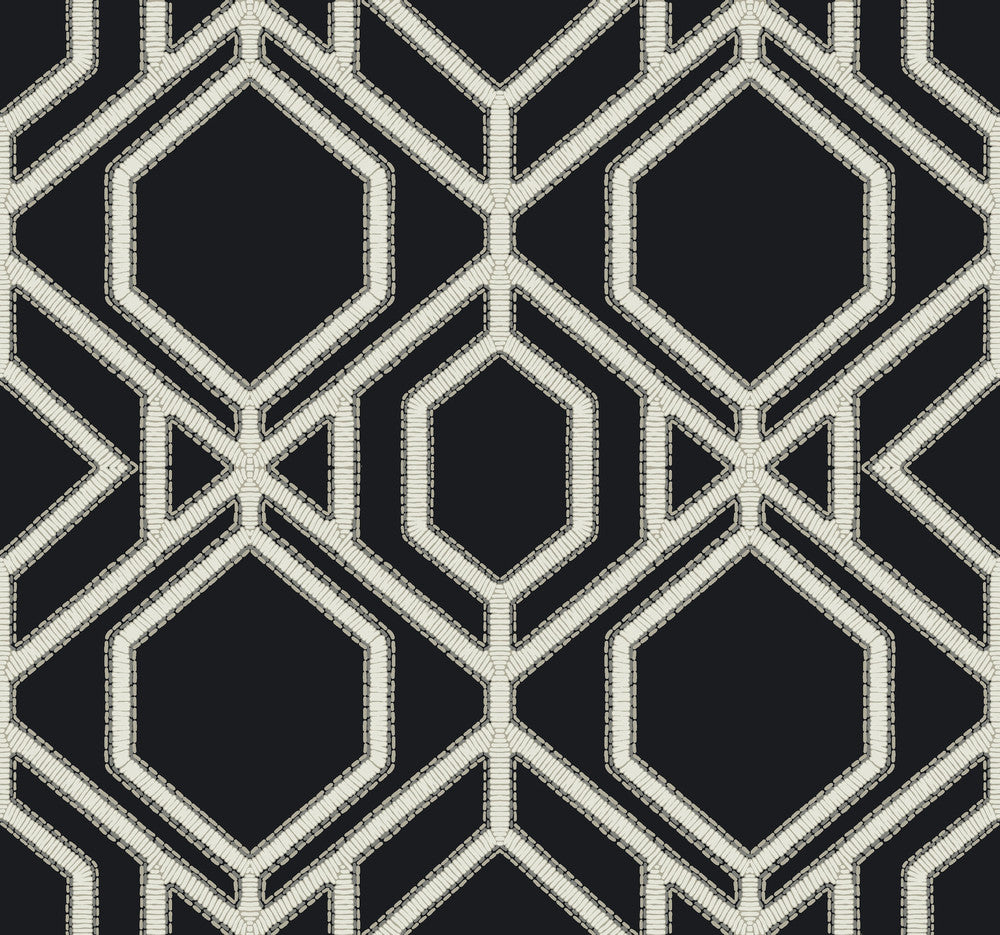 Sawgrass Trellis Black & White Wallpaper by York Wallcoverings Tropics Resource Library Covers about 60.8 square feet 27-in by 27-ft long roll Prepasted 25.25 - Fabric Carolina -