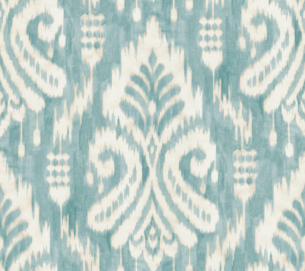 Hawthorne Ikat Aqua Wallpaper by York Wallcoverings Tropics Resource Library Covers about 60.8 square feet 27-in by 27-ft long roll Prepasted 24 - Fabric Carolina -