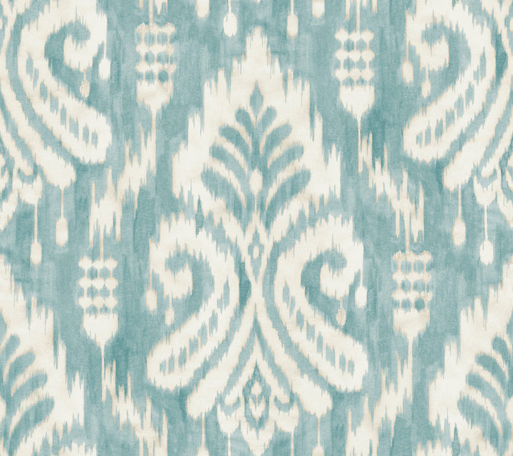Hawthorne Ikat Aqua Wallpaper by York Wallcoverings Tropics Resource Library Covers about 60.8 square feet 27-in by 27-ft long roll Prepasted 24 - Fabric Carolina -