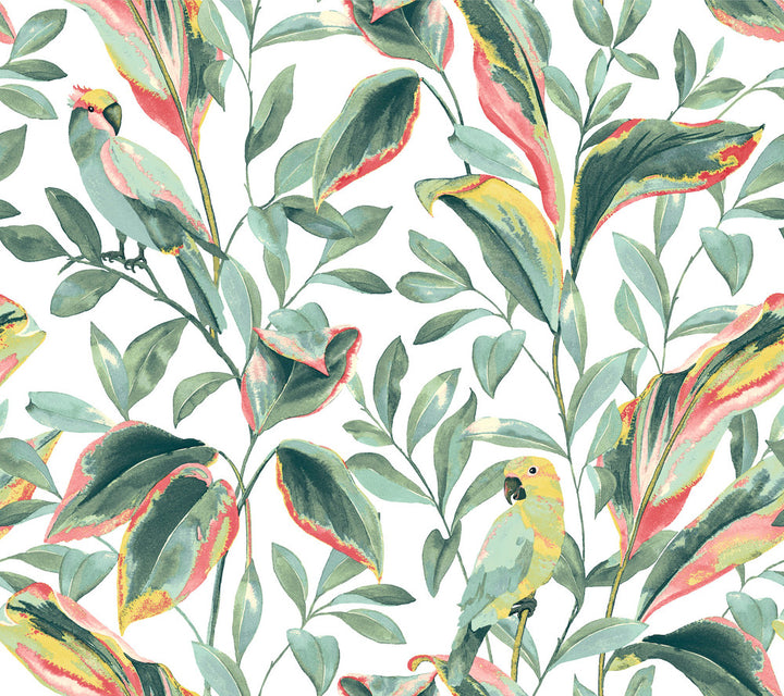 Tropical Love Birds White & Coral Wallpaper by York Wallcoverings Earthy Tones Covers about 60.8 square feet 27-in by 27-ft long roll Prepasted 24 - Fabric Carolina -