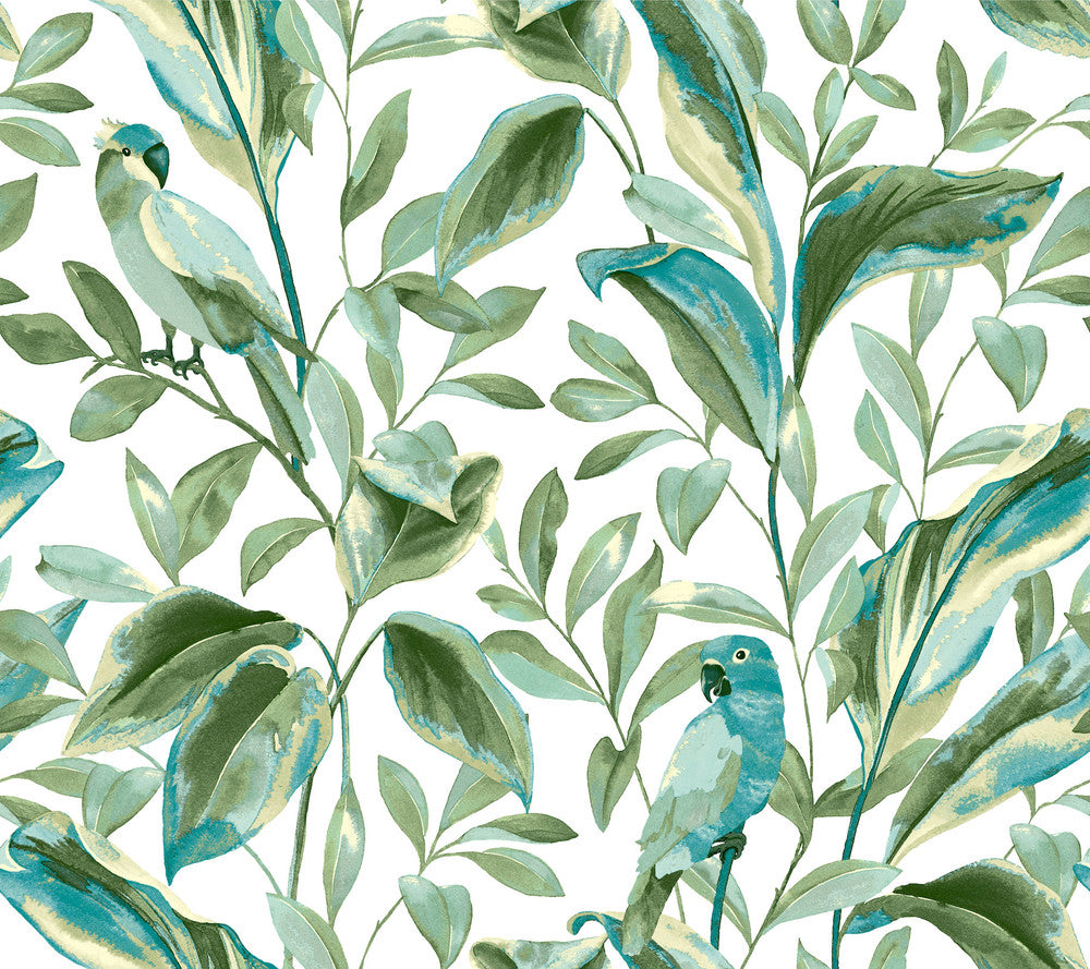 Tropical Love Birds White & Aqua Wallpaper by Inspired by Color Blues II Covers about 60.8 square feet 27-in by 27-ft long roll Prepasted 24 - Fabric Carolina -
