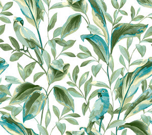 Tropical Love Birds White & Aqua Wallpaper by Inspired by Color