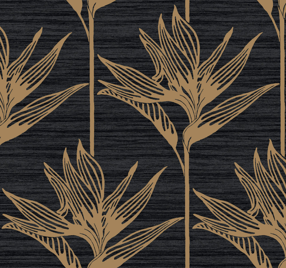 Bird of Paradise Black & Gold Wallpaper by York Wallcoverings Tropics Resource Library Covers about 60.8 square feet 27-in by 27-ft long roll Prepasted 25.25 - Fabric Carolina -