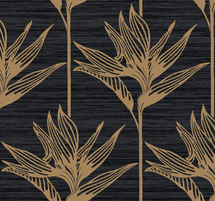 Bird of Paradise Black & Gold Wallpaper by York Wallcoverings Tropics Resource Library Covers about 60.8 square feet 27-in by 27-ft long roll Prepasted 25.25 - Fabric Carolina -