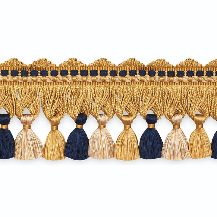 Amanda Tassel Fringe Gold/Navy/Ecru Tf1014-4 by Schumacher Trim SCHUMACHER TRIM PROGRAM See Sample UNITED STATES OF AMERICA TO BE DETERMINED </p><p>Repeat: Horizontal: - and Vertical: - 2 1/2" WIDE (6CM) - Fabric Carolina -