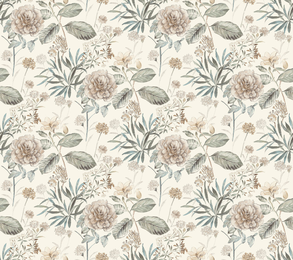 Midsummer Floral Beige & Green Wallpaper by York Wallcoverings Earthy Tones Covers about 60.8 square feet 27-in by 27-ft long roll Prepasted 24 - Fabric Carolina -