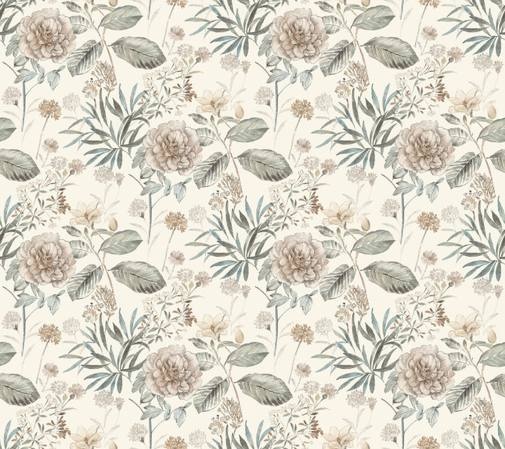 Midsummer Floral Beige & Green Wallpaper by York Wallcoverings Earthy Tones Covers about 60.8 square feet 27-in by 27-ft long roll Prepasted 24 - Fabric Carolina -