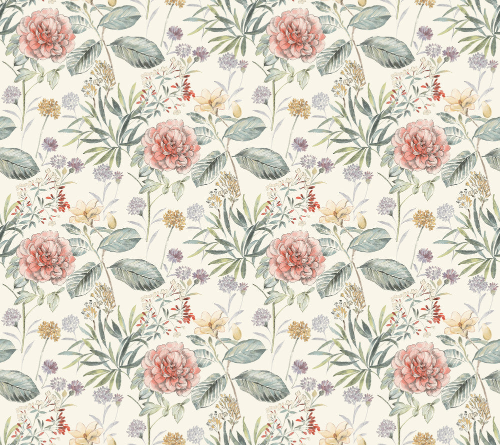 Midsummer Floral Coral Wallpaper by York Wallcoverings Earthy Tones Covers about 60.8 square feet 27-in by 27-ft long roll Prepasted 24 - Fabric Carolina -