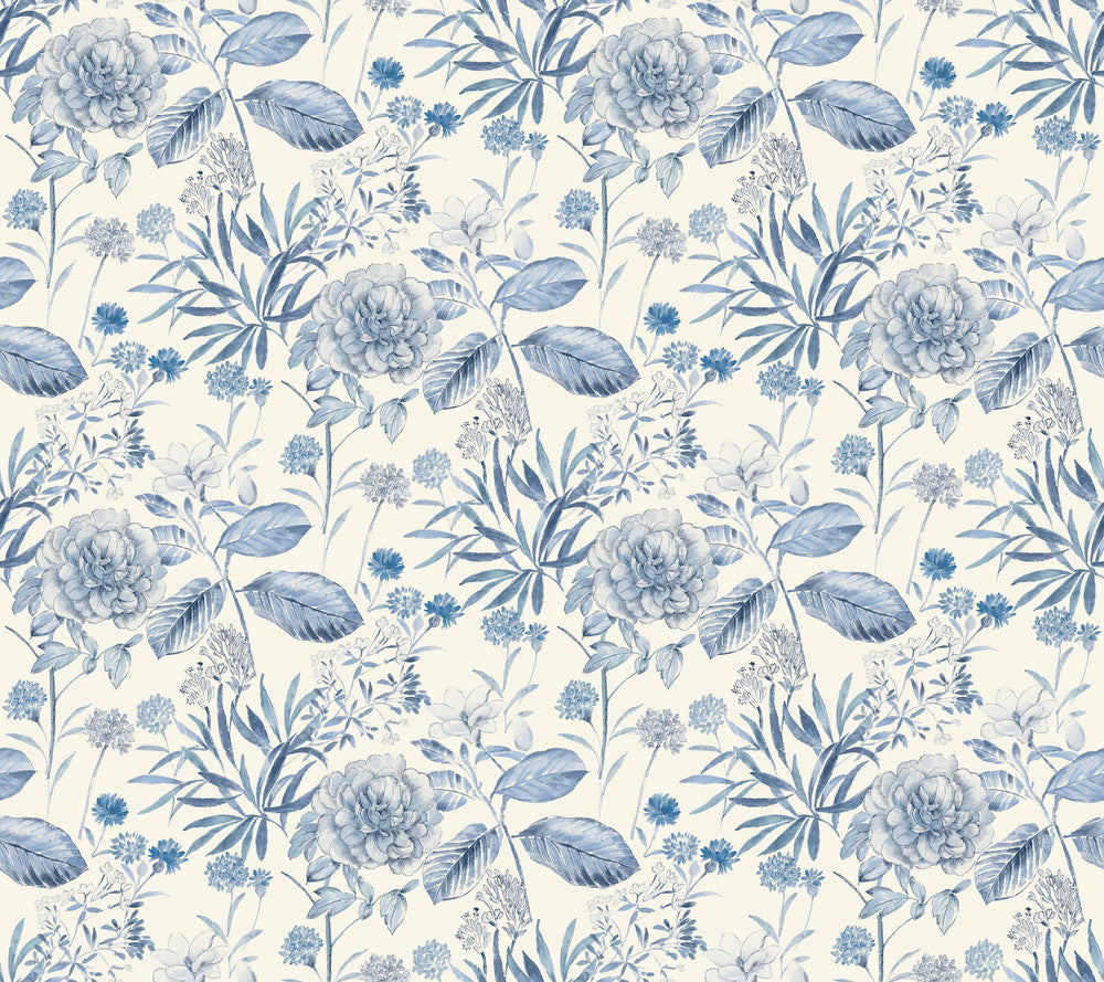 Midsummer Floral Blue Wallpaper by Inspired by Color Blues II Covers about 60.8 square feet 27-in by 27-ft long roll Prepasted 24 - Fabric Carolina -