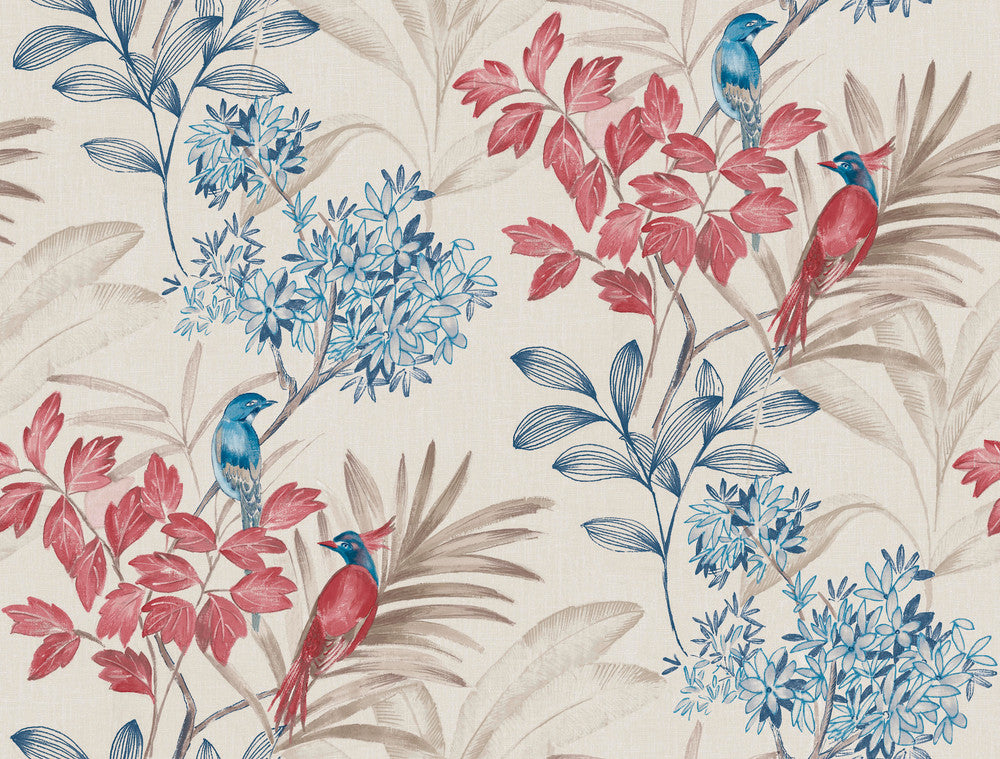 Handpainted Songbird Red & Blue Wallpaper by York Wallcoverings Handpainted Traditionals Covers about 60.8 square feet 27-in by 27-ft long roll Prepasted 20.5 - Fabric Carolina -