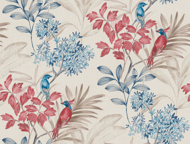 Handpainted Songbird Red & Blue Wallpaper by York Wallcoverings Handpainted Traditionals Covers about 60.8 square feet 27-in by 27-ft long roll Prepasted 20.5 - Fabric Carolina -