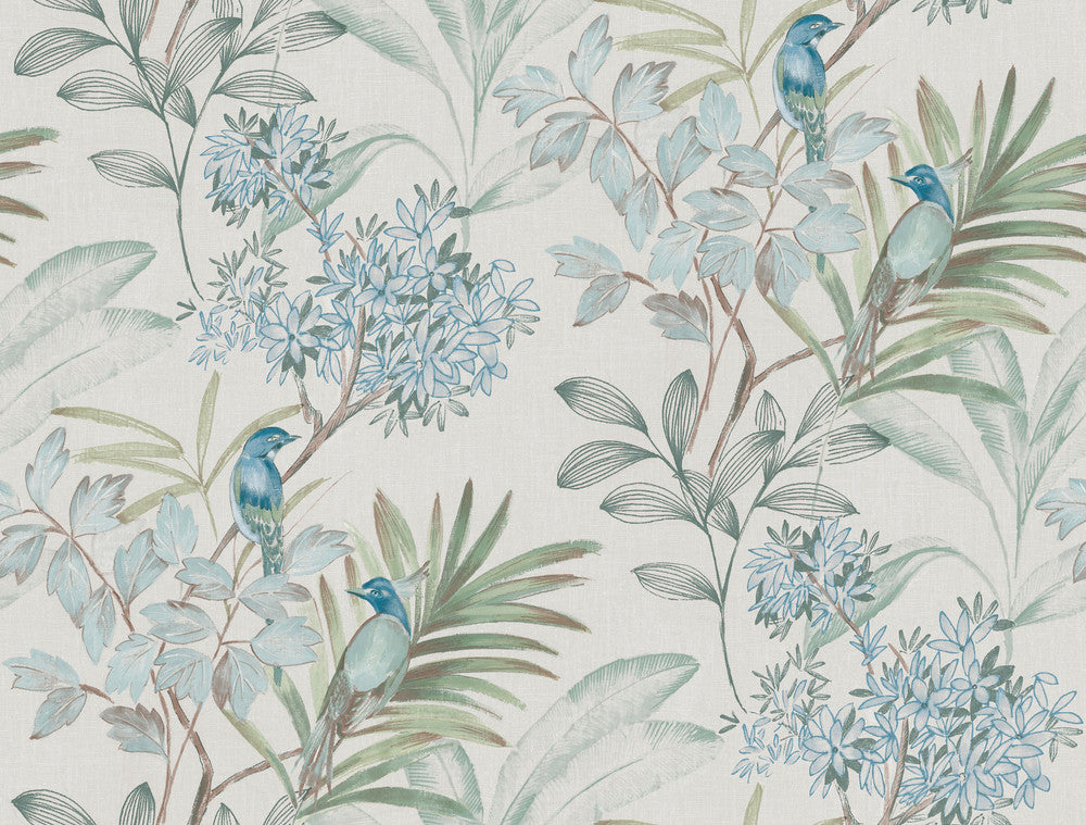 Handpainted Songbird Turquiose Wallpaper by York Wallcoverings Earthy Tones Covers about 60.8 square feet 27-in by 27-ft long roll Prepasted 20.5 - Fabric Carolina -