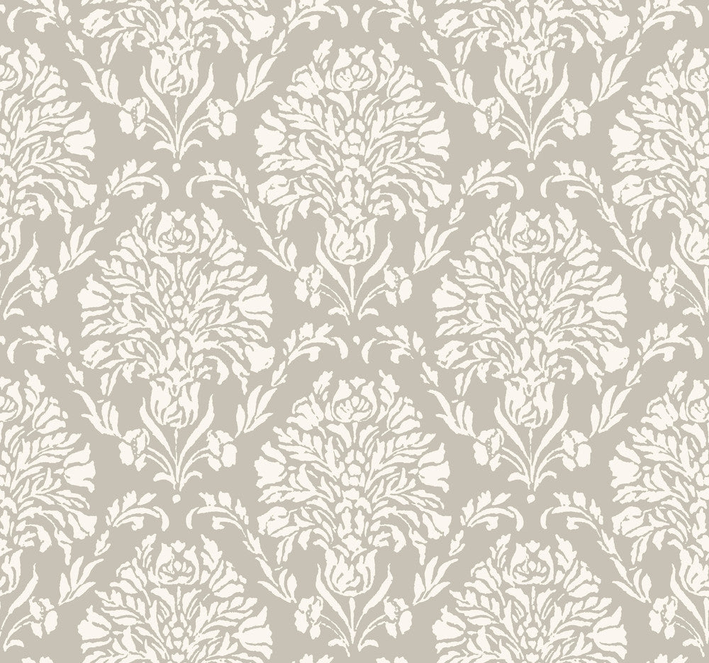 Block Print Damask Grey Wallpaper by York Wallcoverings Handpainted Traditionals Covers about 60.8 square feet 27-in by 27-ft long roll Prepasted 25.25 - Fabric Carolina -