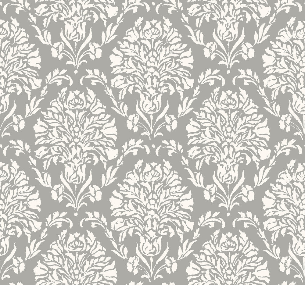 Block Print Damask Dark Grey Wallpaper by York Wallcoverings Handpainted Traditionals Covers about 60.8 square feet 27-in by 27-ft long roll Prepasted 25.25 - Fabric Carolina -
