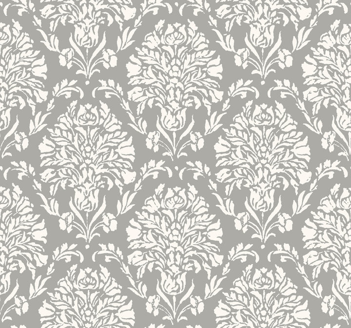 Block Print Damask Dark Grey Wallpaper by York Wallcoverings Handpainted Traditionals Covers about 60.8 square feet 27-in by 27-ft long roll Prepasted 25.25 - Fabric Carolina -