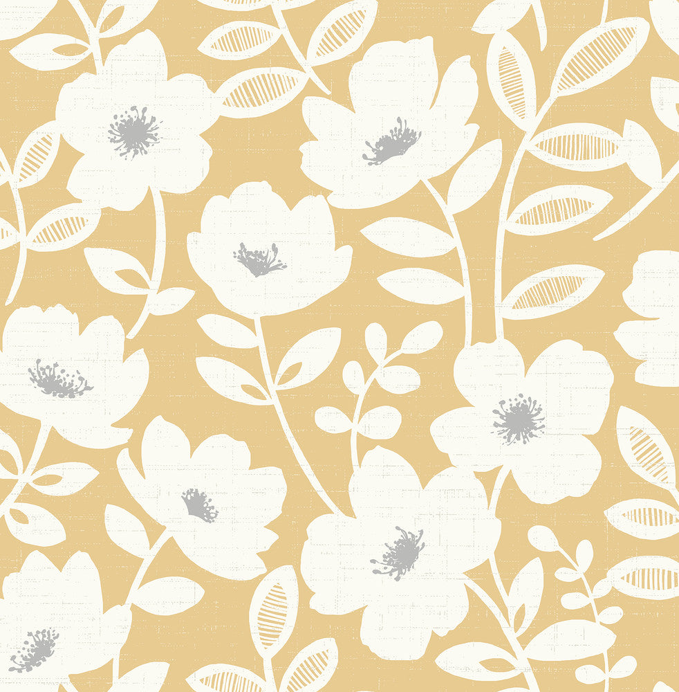 Bergman Mustard Scandi Flower Wallpaper by Brewster Brewster Essentials Covers about 56.4 square feet 20.5-in by 33-ft long roll Unpasted 20.9 - Fabric Carolina -