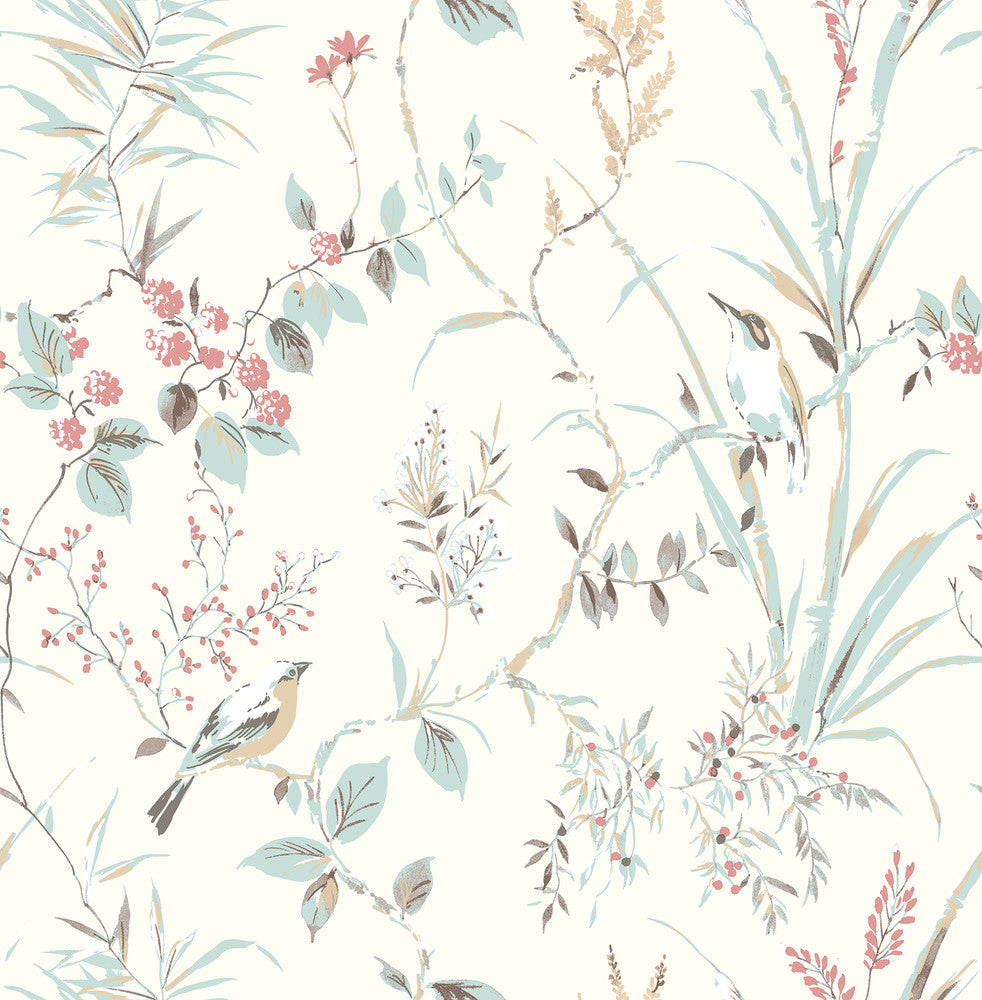 Mariko Blue Botanical Wallpaper by Brewster Brewster Essentials Covers about 56.4 square feet 20.5-in by 33-ft long roll Unpasted 20.9 - Fabric Carolina -