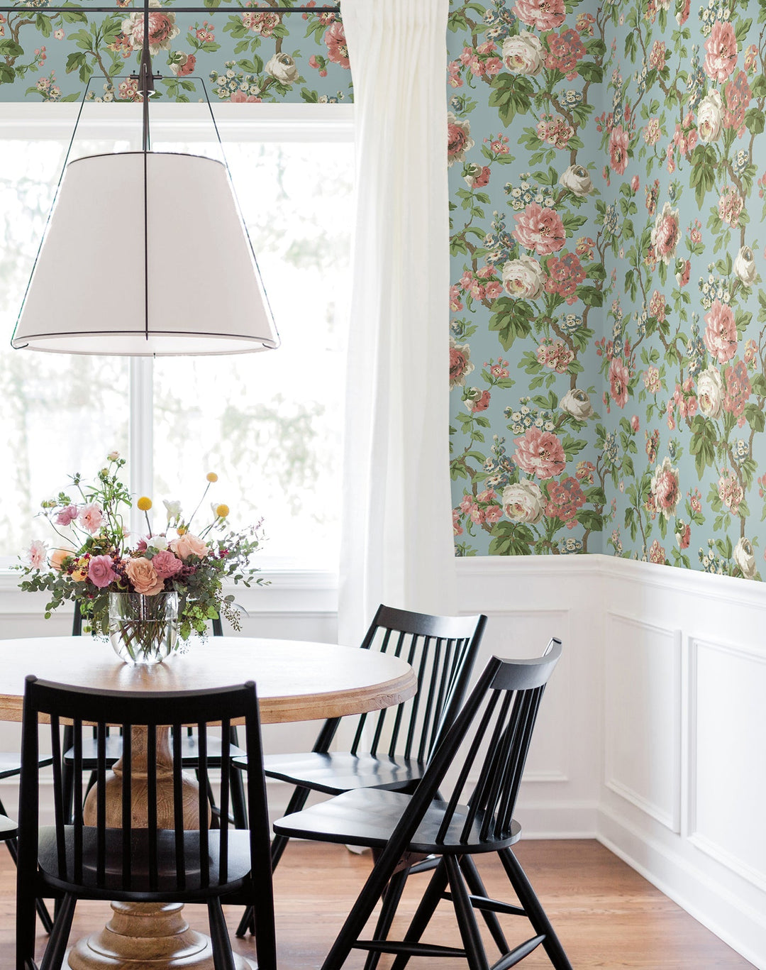 Beatrix Sky Blue Vintage Floral Wallpaper by Antonina Vella Designer