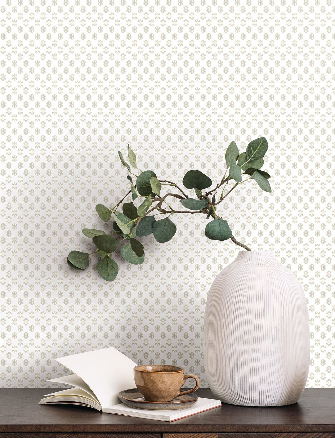 Brioni Beige Floral Stamp Wallpaper by Antonina Vella Designer