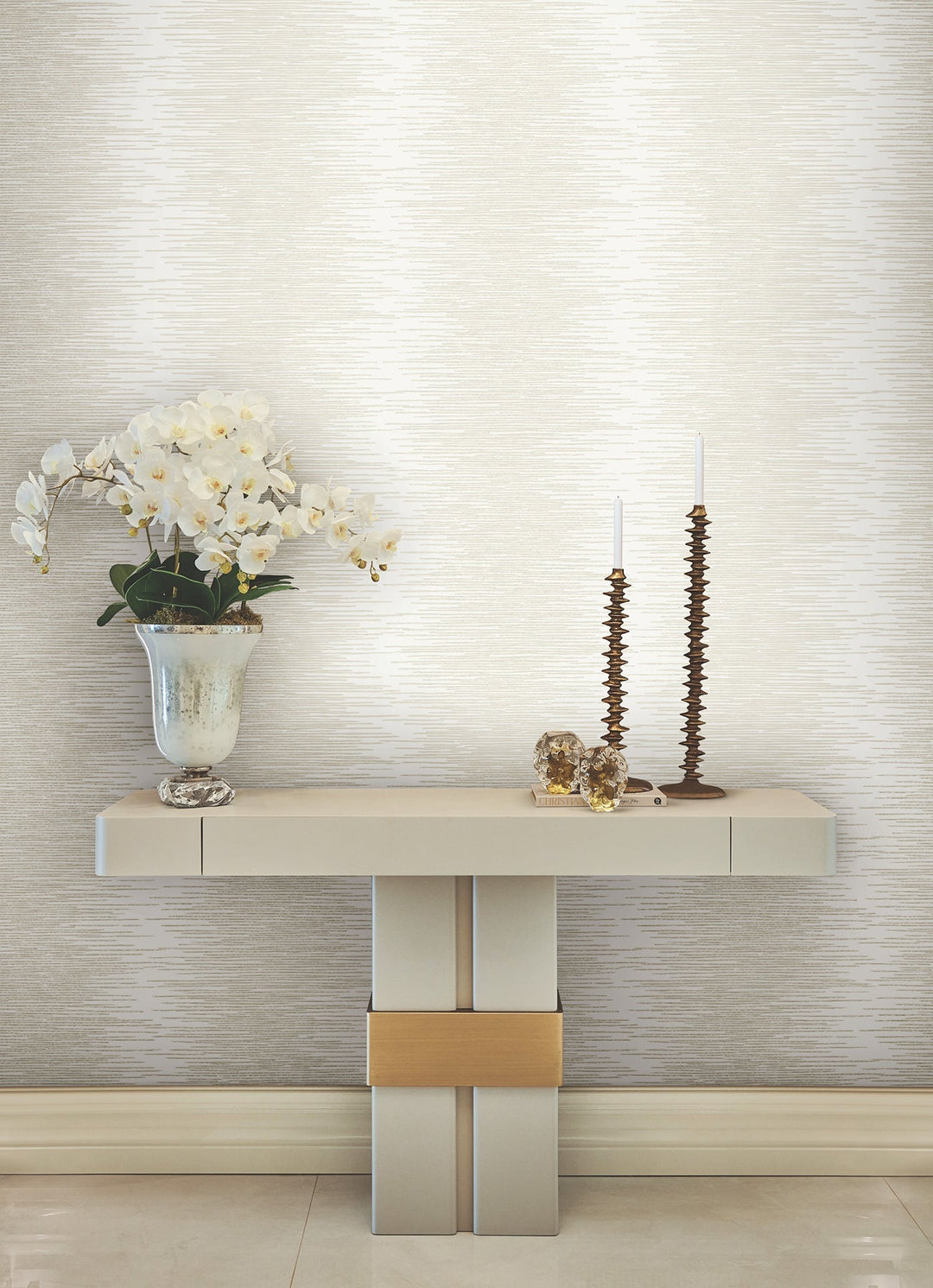 Operetta White Metallic Columns Wallpaper by Ronald Redding Designer