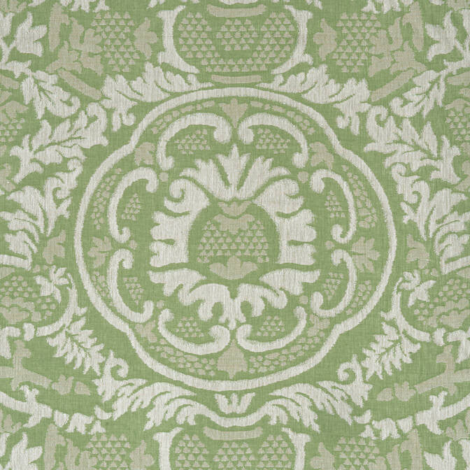 Earl Damask Green W710838 by Thibaut Fabric Thibaut Fabric Earl Damask Green W710838Fabric Heritage Fabric Book 100% Linen INDIA </p><p>Repeat: V: 24.5 54 - Fabric Carolina -