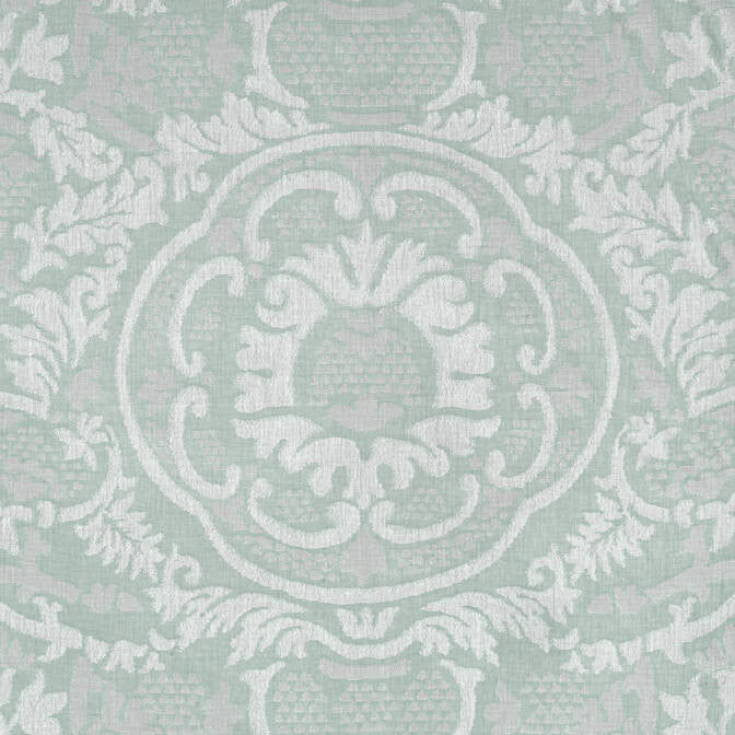 Earl Damask Robin's Egg W710839 by Thibaut Fabric Thibaut Fabric Earl Damask Robin's Egg W710839Fabric Heritage Fabric Book 100% Linen INDIA </p><p>Repeat: V: 24.5 54 - Fabric Carolina -