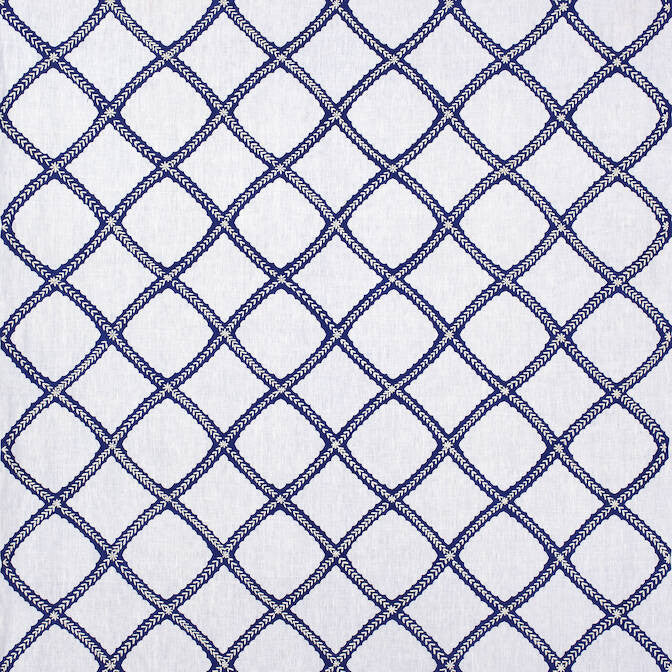 Majuli Embroidery Navy on White W788706 by Thibaut Fabric Thibaut Fabric Majuli Embroidery Navy on White W788706Fabric Trade Routes Fabric Book 100% Lin Ground, 100% Poly Emb INDIA </p><p>Repeat: V: 9 53.5 - Fabric Carolina -