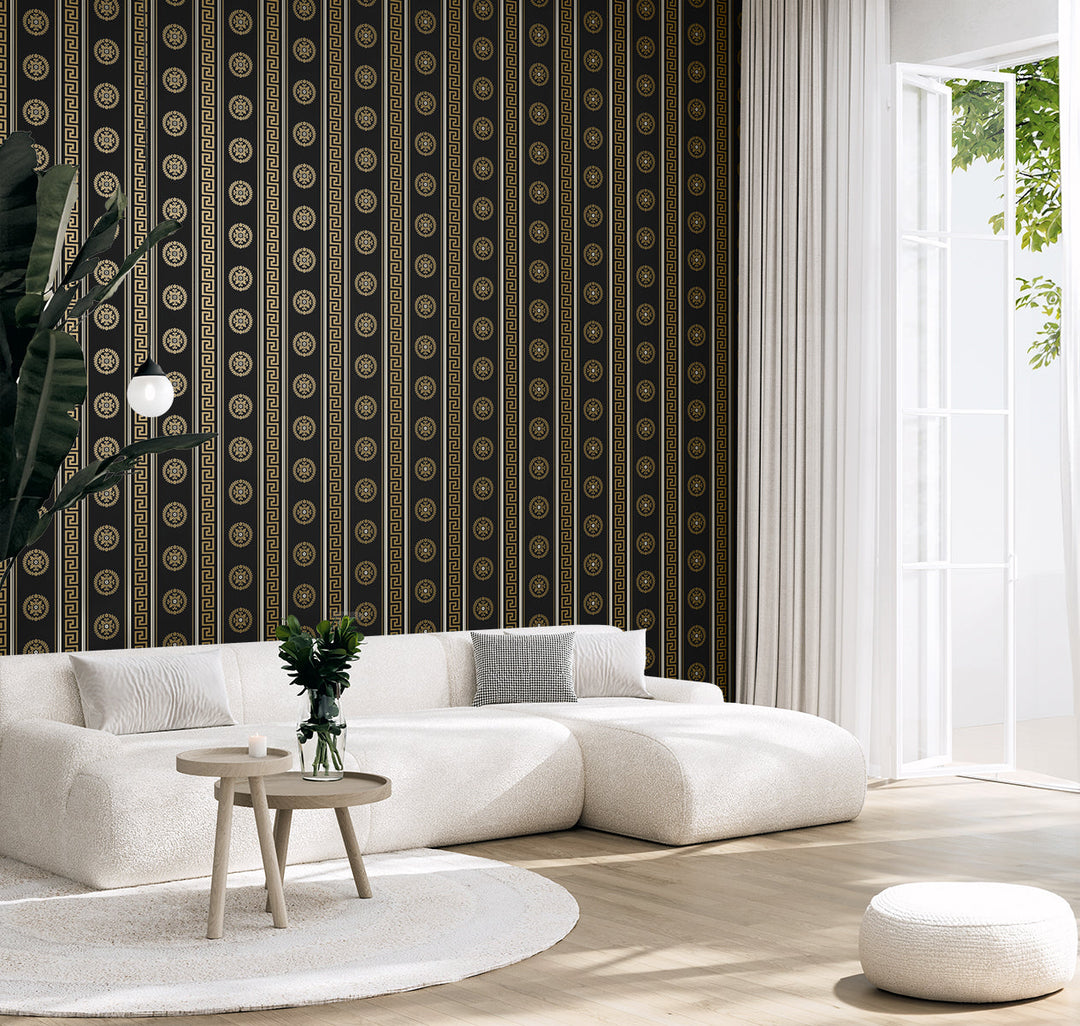 Classico Medallion Stripe Black & Metallic Gold WH40106 by Seabrook Designs Designer Wallpaper