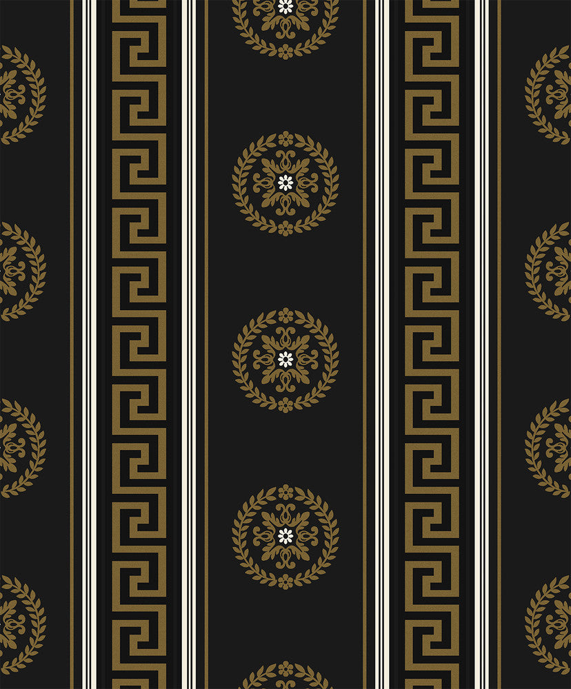 Classico Medallion Stripe Black & Metallic Gold by Seabrook Wallpaper Piano Netherlands 57.5 6.3" 20.9" - Fabric Carolina -