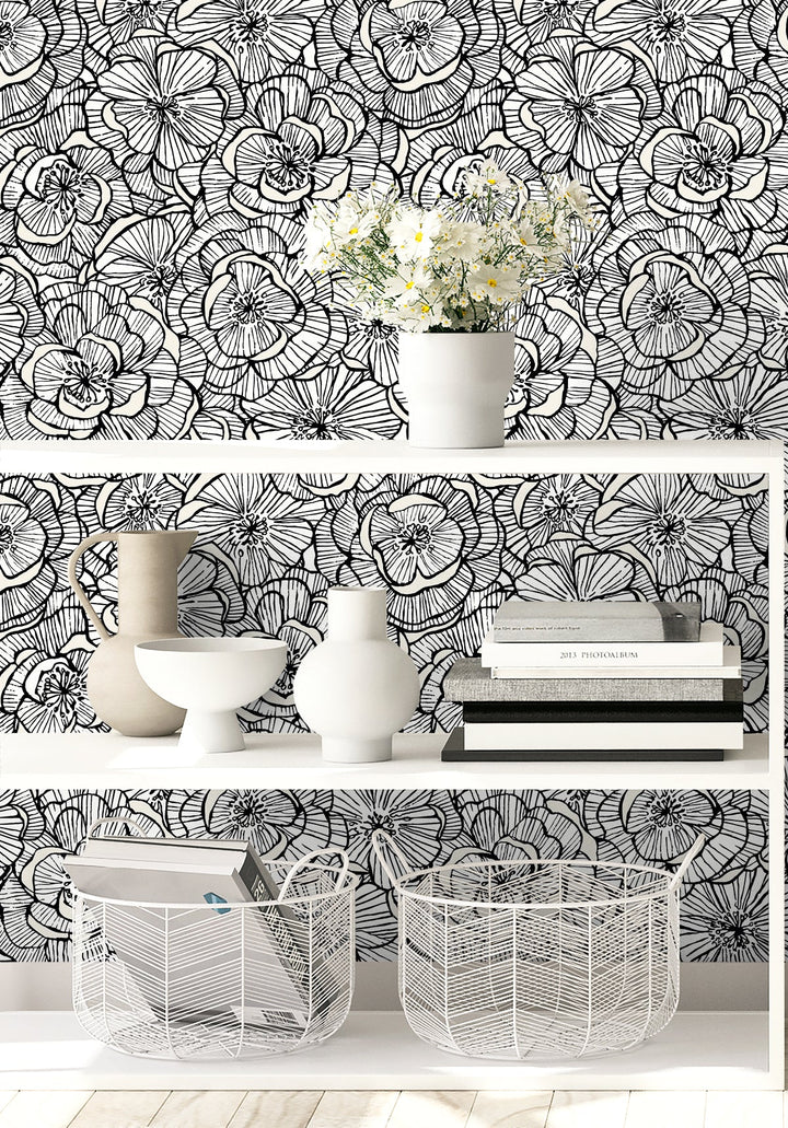 Alejandra Floral Metallic Ivory & Nightfall WH40810 by Seabrook Designs Designer Wallpaper