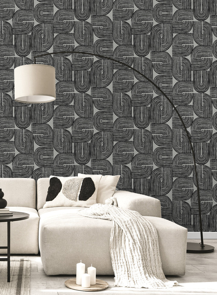 Piper Geometric Metallic Silver Sea & Black WH41300 by Seabrook Designs Designer Wallpaper