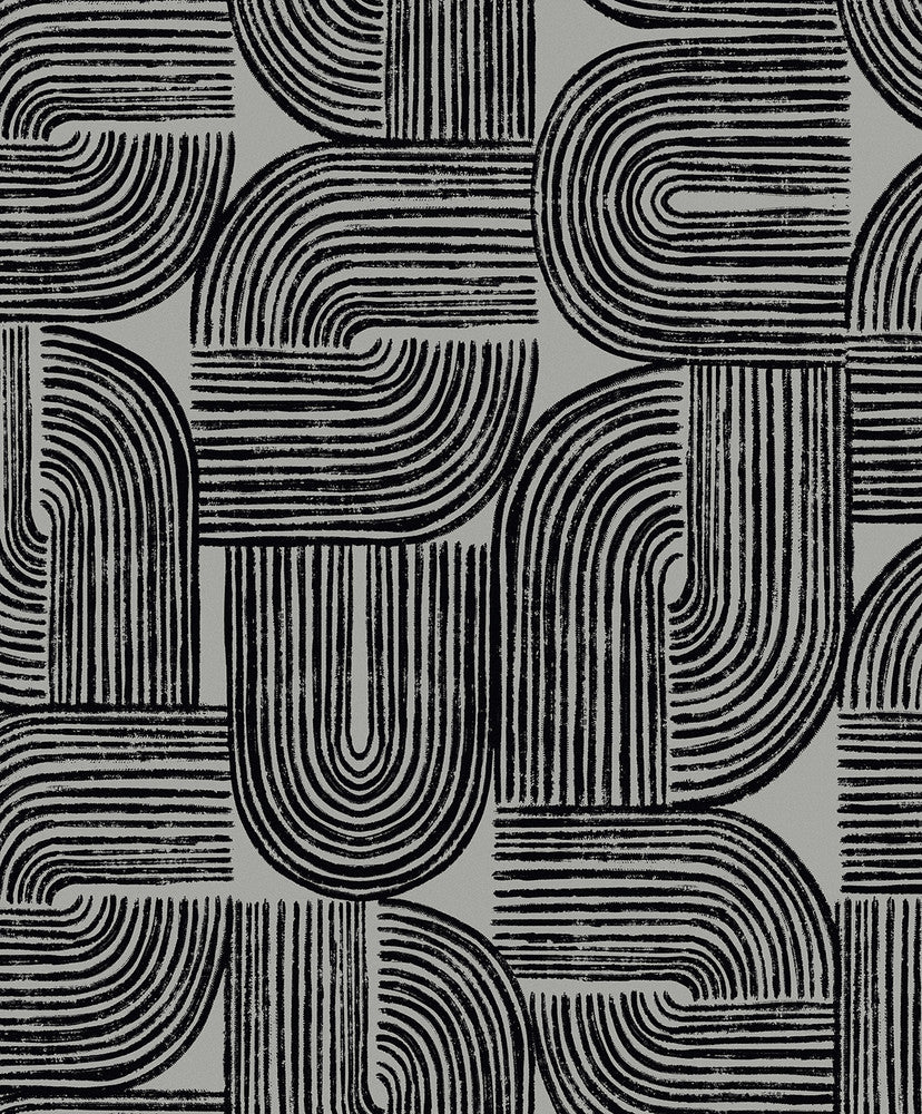 Piper Geometric Metallic Silver Sea & Black by Seabrook Wallpaper Piano Netherlands 57.5 25.2" 20.9" - Fabric Carolina -