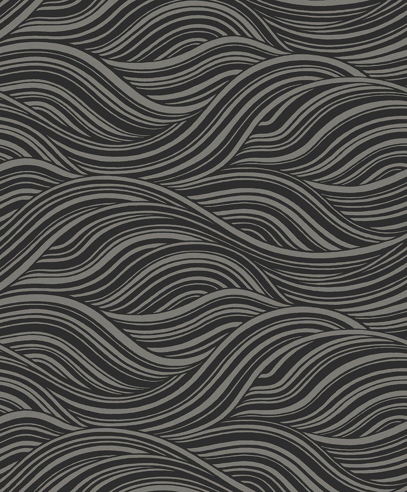 Melody Waves Metallic Charcoal & Black by Seabrook Wallpaper Piano Netherlands 57.5 12.6" 20.9" - Fabric Carolina -