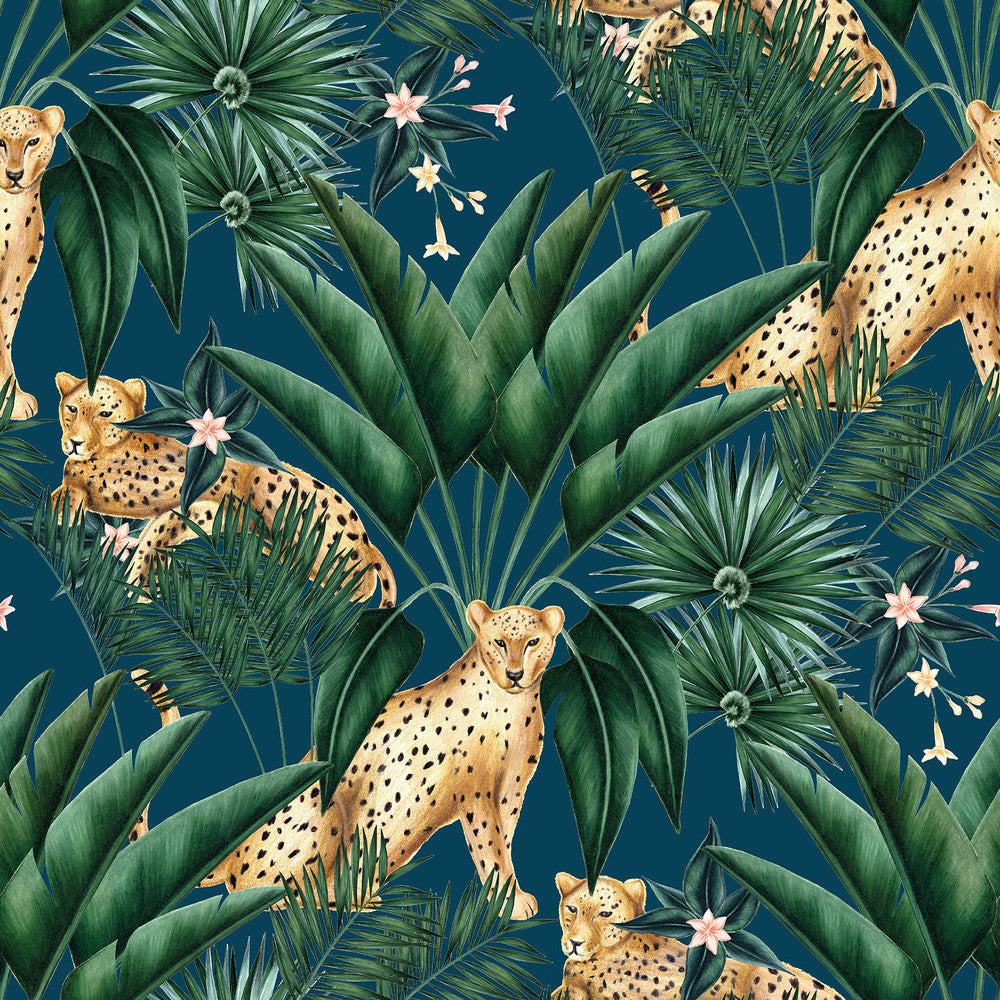 Augustus Blue Jungle Cheetah Wallpaper by ohpopsi Wild Covers about 54.2 square feet 19.7-in by 33-ft long roll Unpasted 19.7 - Fabric Carolina -