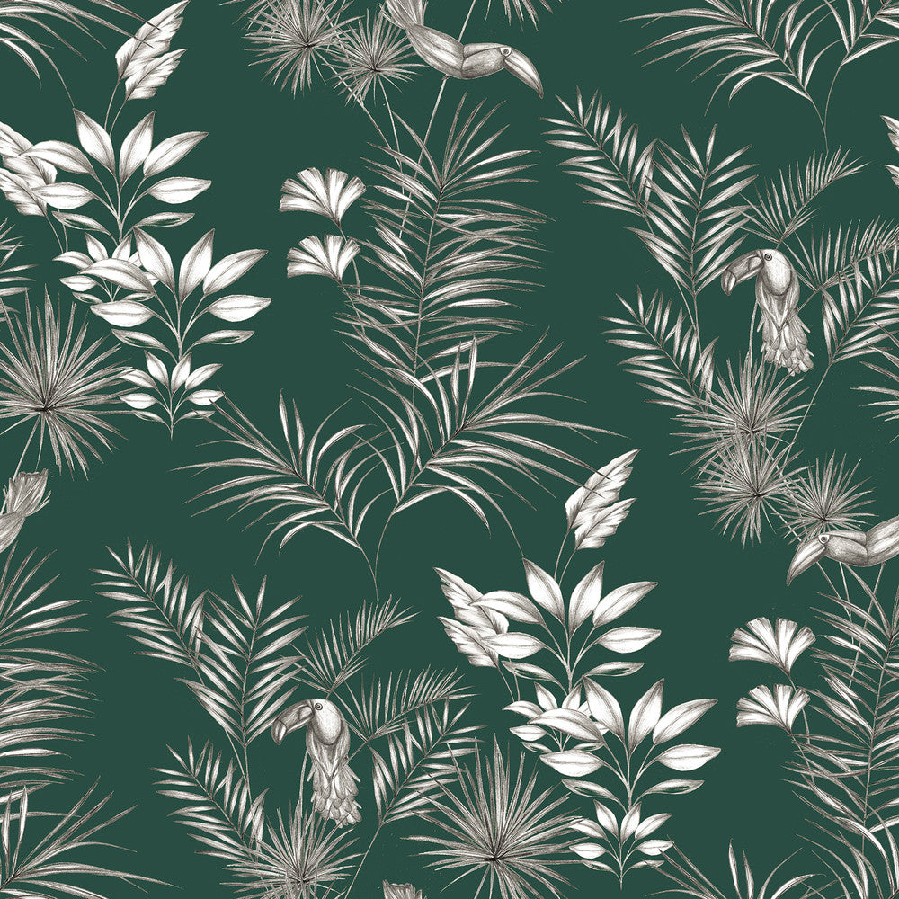 Shelly Green Toucan Toile Wallpaper by ohpopsi Wild Covers about 54.2 square feet 19.7-in by 33-ft long roll Unpasted 19.7 - Fabric Carolina -