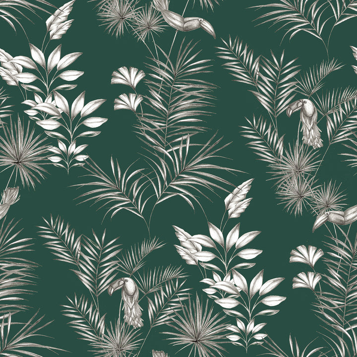 Shelly Green Toucan Toile Wallpaper by ohpopsi Wild Covers about 54.2 square feet 19.7-in by 33-ft long roll Unpasted 19.7 - Fabric Carolina -