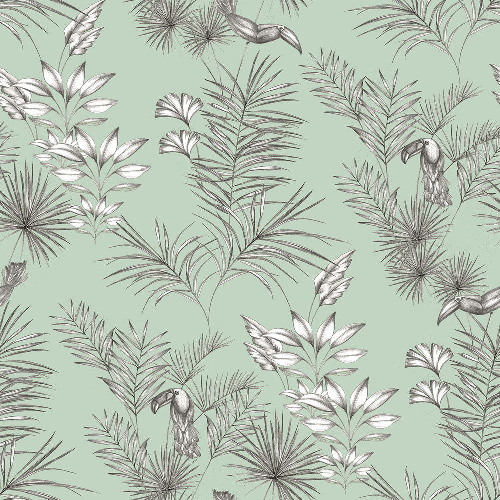 Shelly Mint Toucan Toile Wallpaper by ohpopsi Wild Covers about 54.2 square feet 19.7-in by 33-ft long roll Unpasted 19.7 - Fabric Carolina -