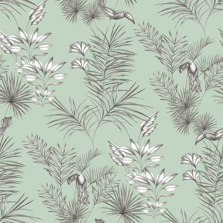 Shelly Mint Toucan Toile Wallpaper by ohpopsi Wild Covers about 54.2 square feet 19.7-in by 33-ft long roll Unpasted 19.7 - Fabric Carolina -