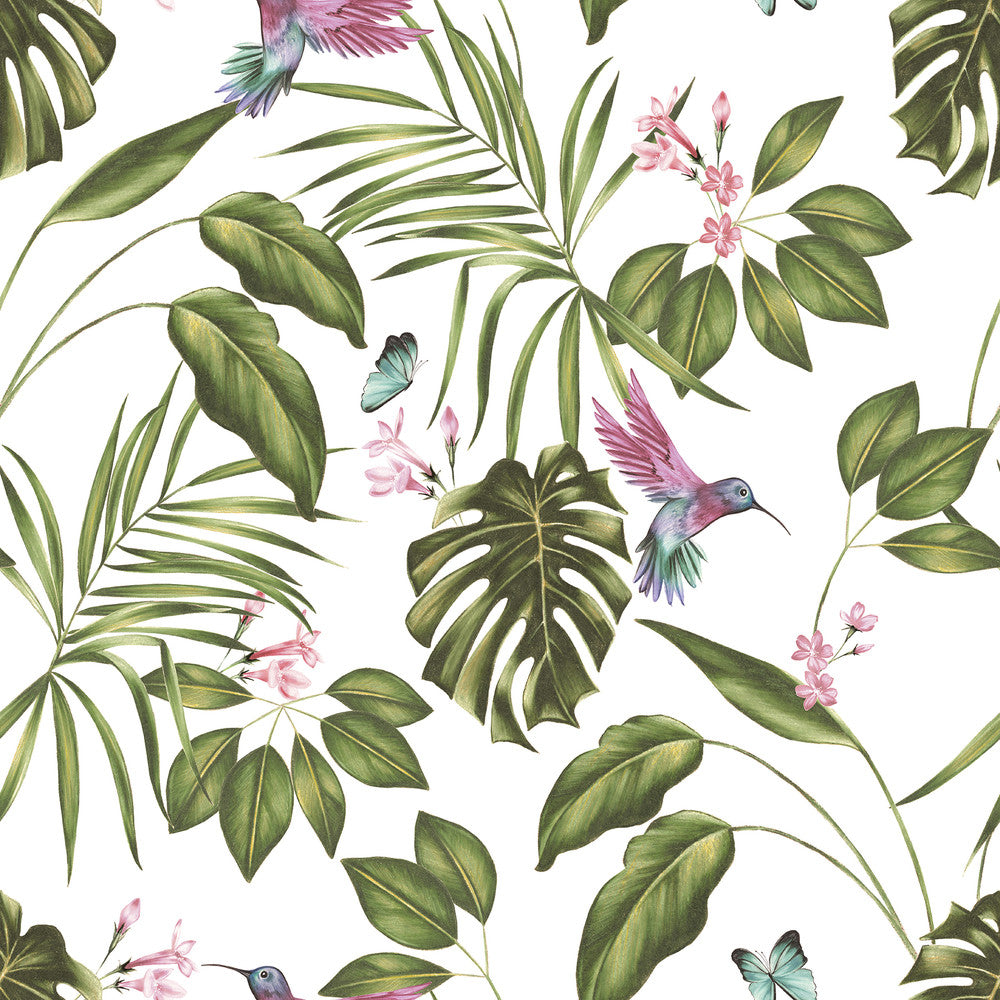 Clivia White Hummingbird Wallpaper by ohpopsi Wild Covers about 54.2 square feet 19.7-in by 33-ft long roll Unpasted 19.7 - Fabric Carolina -