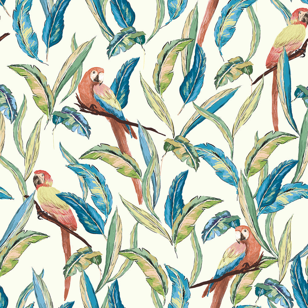 Timor White Tropical Parrot Wallpaper by ohpopsi Wild Covers about 54.2 square feet 19.7-in by 33-ft long roll Unpasted 19.7 - Fabric Carolina -