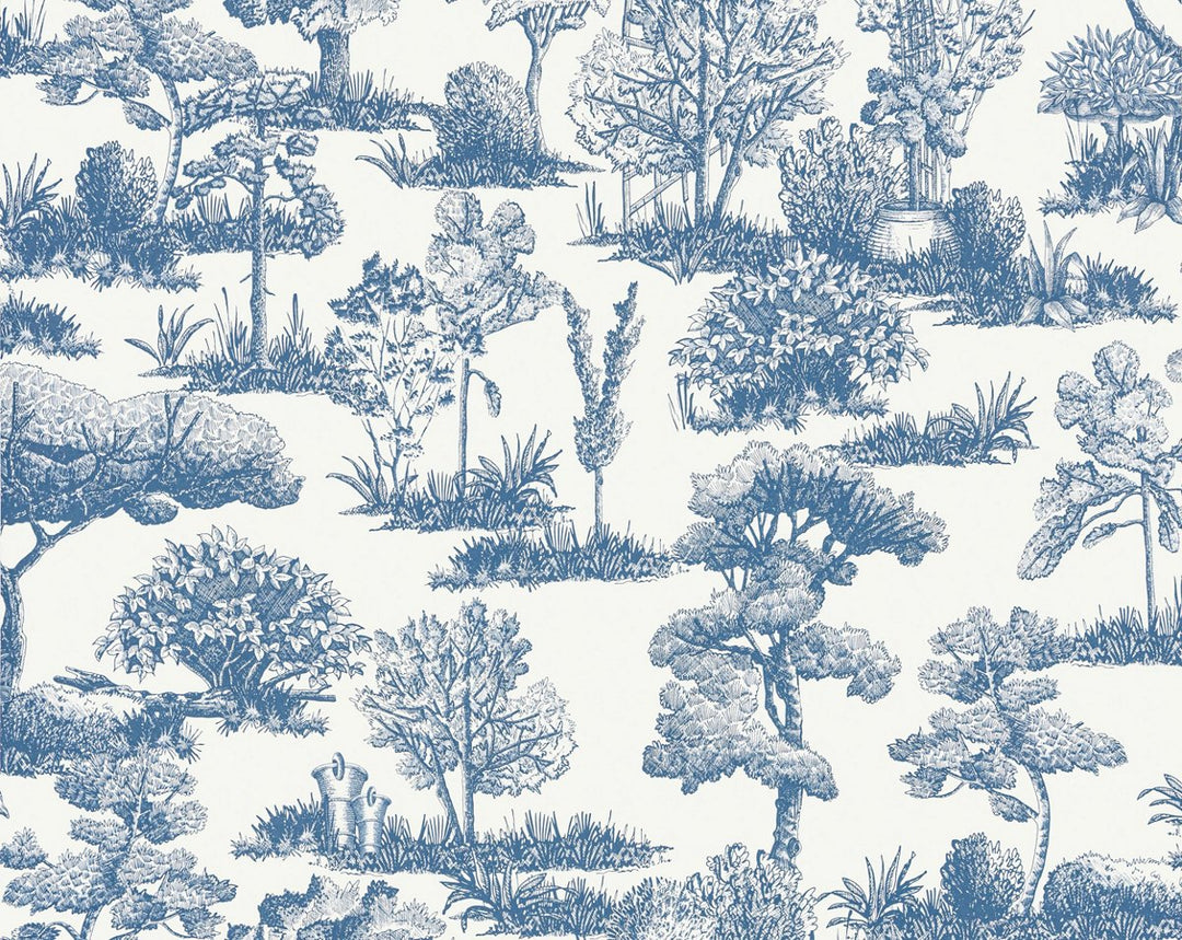 Garden Toile Indigo WWWP88605D0004 by Old World Weavers Designer Wallpaper