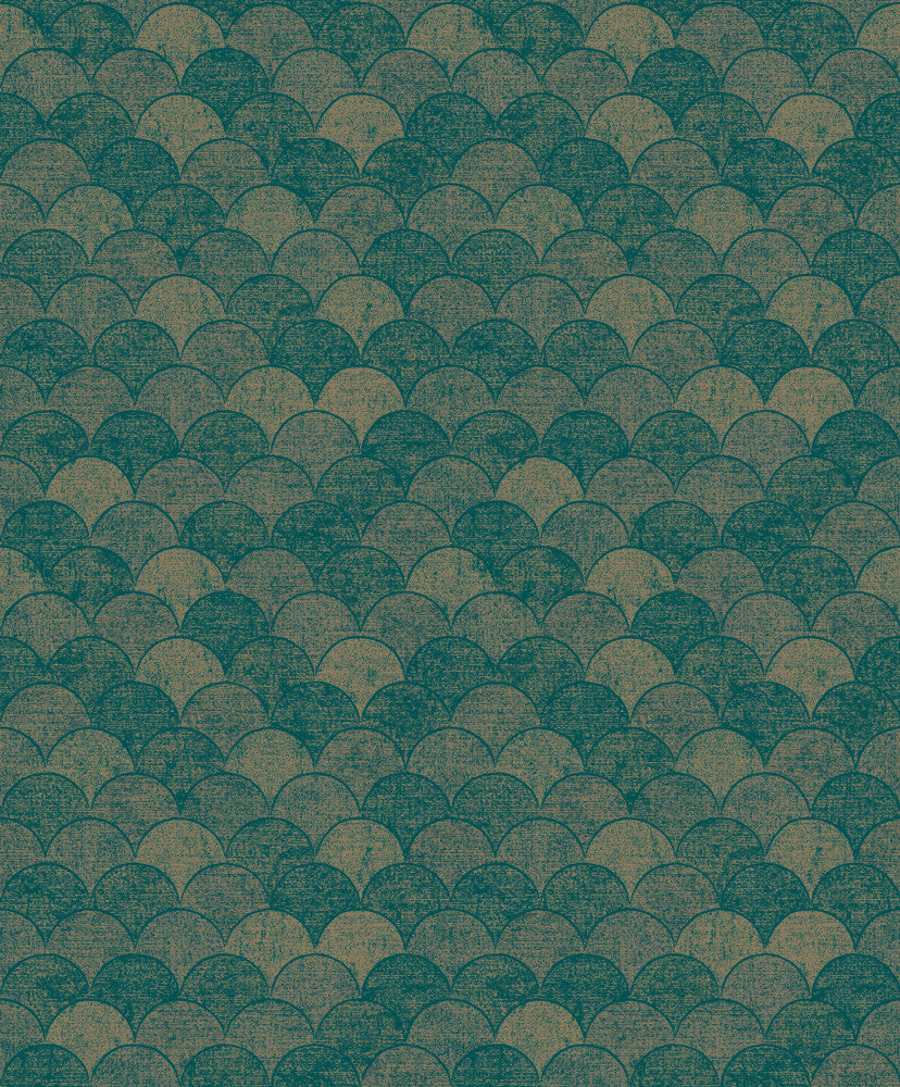 Mermaid Scales Teal & Gold Wallpaper by Antonina Vella Antonina Vella Natural Opalescence Covers about 57.8 square feet 21-in by 33-ft long roll Unpasted 25.2 - Fabric Carolina -