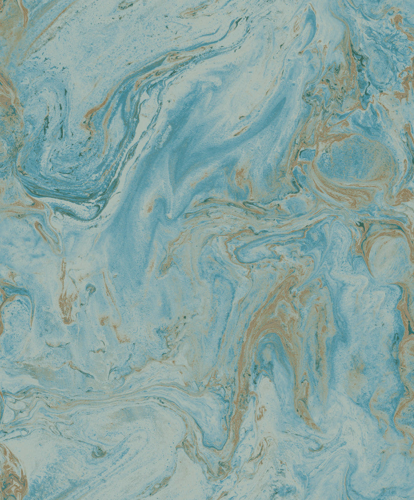 Oil & Marble Bright Blue & Gold Metallic Wallpaper by Antonina Vella Antonina Vella Natural Opalescence Covers about 57.8 square feet China Unpasted 25.2-in repeat, drop match 21-in by 33-ft long roll - Fabric Carolina -